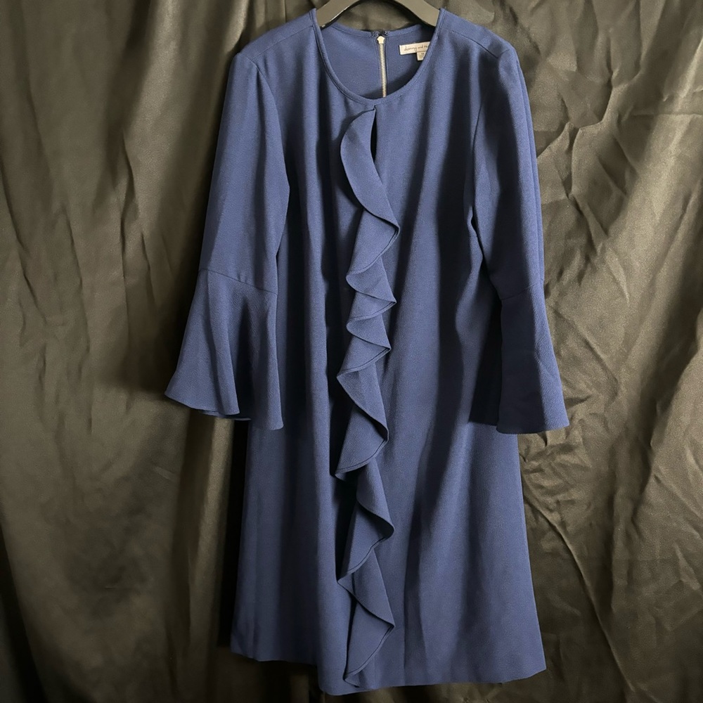 Danny & Nicole Navy Blue Knee Length Ruffle Sleeved Keyhole Dress